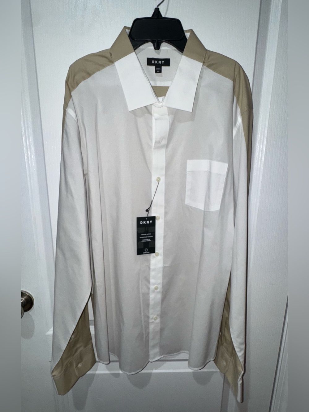 DKNY White Button-Down Shirt with Tan Shoulder & Cuff Accents